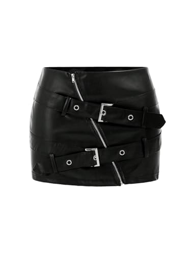 WDIRARA Women's Zip Front Buckle PU Leather Bodycon Mini Skirt Rave Club Y2k Skirt