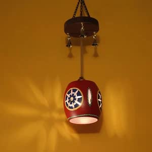 Image of AAKRITI ART CREATIONS Star Glow Red Handcrafted Metal Pendant Lamp with Mango Wood Rosette for Living Room Ceiling | Hanging Lamp Decor | Ceiling Hanging Lights for Living Room | Fancy Lights for