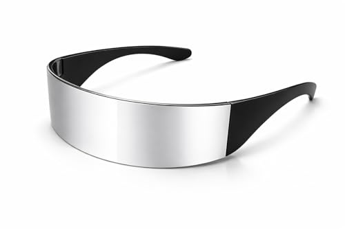 Vaulted Skulls & Co Futuristic Mirror Wrap Around Glasses | Cyber Sunglasses | Futuristic Shades | Back to the Future Glasses | Reflective Mirror Lens Panoramic Vision | Mirrored Lenses | Silver