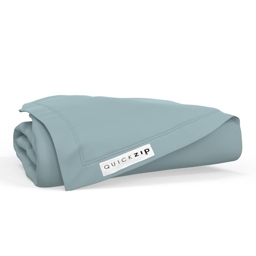 Image of QuickZip Fitted Plus Spare Bundle: 1 Fitted Sheet (Base + Zip Sheet) & 1 Zip Sheet - Easy to Change, Won't Pop Off - Soft Sateen 400 TC 100% Cotton - 13.5 inch Deep Pockets RV Queen Size - Dusty Blue