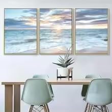 KEMEIQI 3pcs set of beach canvas prints, ocean scenery, nautical photos, coastal wave wall art posters, wall decorations Poster(80x120cmx3/Frameless)