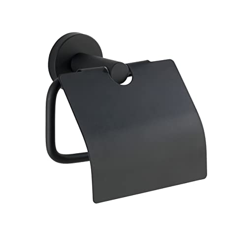 WENKO WC-Papierhalter mit Deckel Mod. Bosio Black, aus rostfreiem Edelstahl, 15x13,5x7 cm, inkl. Schraubmaterial, Schwarz matt