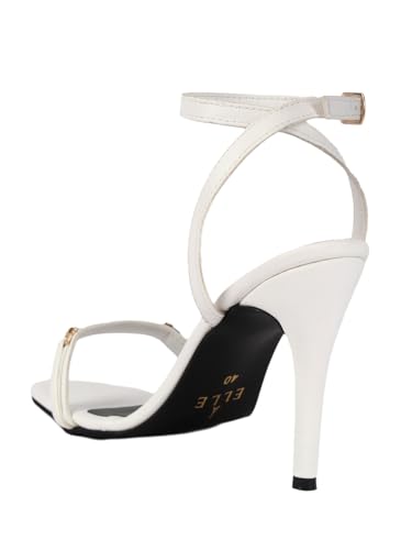 Image of ELLE Women's Square Toe Stiletto Heel Sandals with Gold-Tone Bar Detail and Crisscross Ankle Strap