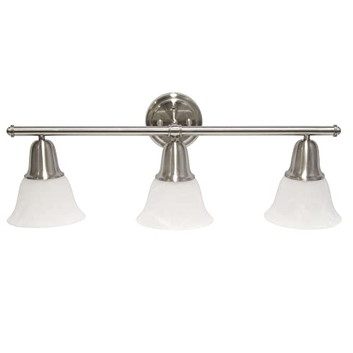 Image of Simple Designs VT1027-BSN 26.5 inch Classic 3 Light Straight Metal Bar & Frosted Marble White Bell Shape Glass Shades Decorative Wall Mounted Vanity Fixture Bathroom, Entryway, Hallway, Brushed Nickel
