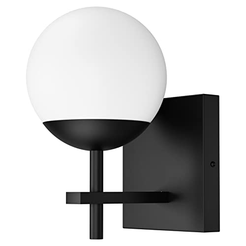 Image of Ralbay Matte Black Wall Sconce, Mid Century Modern Black Wall Light Fixtures Milky Glass Indoor Wall Lamp for Home Decor Bathroom Kitchen Living Room Vanity Hallway, Black 1 Light (Exclude Bulb)