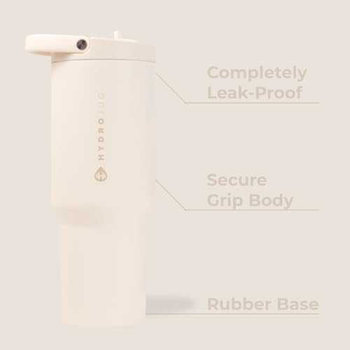 HydroJug Sport - Stainless Steel Tumbler with Straw, Vacuum Insulated, 32oz Leakproof Water Bottle, Ergonomic Design, Reusable, Dishwasher Safe, Rubber Base, Durable for Gym or Outdoors, Cream