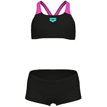 ARENA Feel Girls Junior Swim Energy Back Solid Bikini Wide Straps UV Protection Chlorine Resistant Quick Drying Comfortable Two Piece Bathing Suit, Black/Shocking Pink, US Size 8-10 Jr/26
