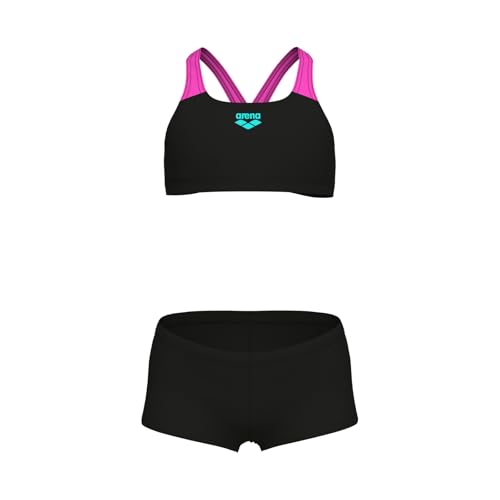 ARENA Feel Girls' Junior Swim Energy Back Solid Bikini Wide Straps UV Protection Chlorine Resistant Quick Drying Comfortable Two Piece Bathing Suit, Black/Shocking Pink, US Size 8-10 Jr/26