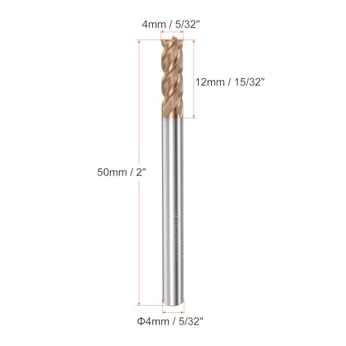 Image of HARFINGTON Micro Grain Carbide Square End Mill 5 /32 inch x 15 /32 inch (4mm x 12mm) Cut 5 /32 inch (4mm) Shank 2 inch (50mm) Length AlTiN Coated 4 Flutes Square Nose Cutter for Alloy Steel Hardened Steel