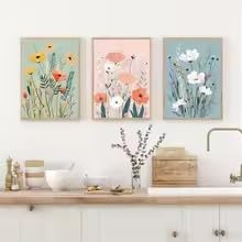 Toiles décoratives botaniques triptyque fleurs bleues et roses 40x60 - 5