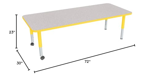 Image of Sprogs Adjustable Height Mobile Classroom Activity Table for Preschools, Rectangle Preschool Activity Table with Casters, 30 inchD x 72 inchW x 23 inchH, Gray /Yellow