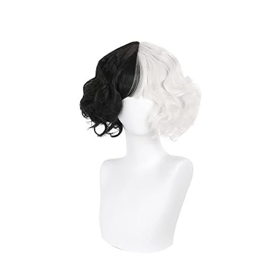 Kvinnors svarta och vita peruker för Cruella de Vil Cosplay, kort bob vågig värmebeständig syntetiskt rollspel hår för halloween jul karneval fest (med lugg)