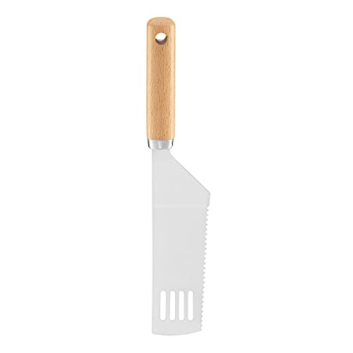 AMBITION Espátula de cocina con dientes natural, 27 x 4,8 x 3 cm, espátula para asar con mango de madera de acero