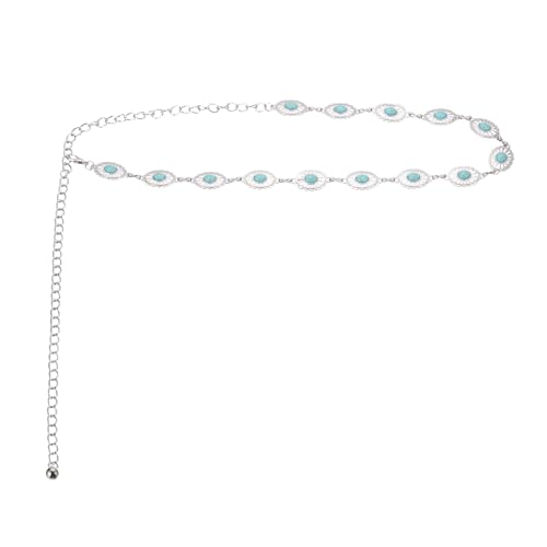 MECCANIXITY Turquoise Waist Chain Belts, 43.7 Inch Length Adjustable Body Chain Belts Metal Western Belt for Woman with Black Green Drawstring Bag for Outfits Jeans Dress, Emerald
