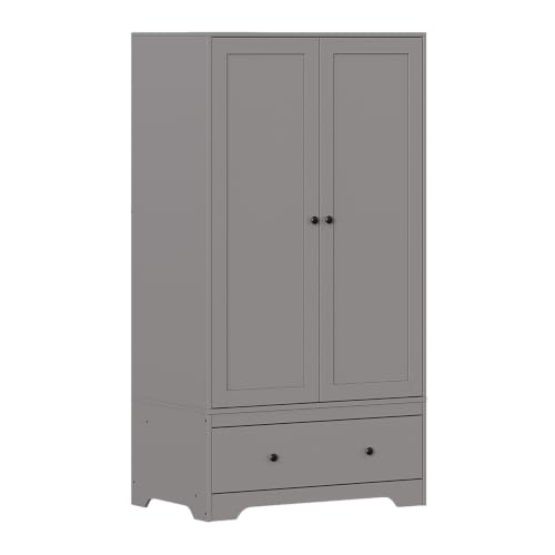 Image of Panana 2 Door Wardrobe with 1 Drawer and 2 Hanging Rails for Bedroom (Grey, No Lock)