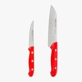 Arcos Juego Cuchillos Cocina | Cuchillos Cocina Arcos |2 pzas | Cuchillo Santoku de 170 mm | Cuchillo Mondador 100 mm| Acero Inoxidable NITRUM | Mango Rojo | Envase Eco