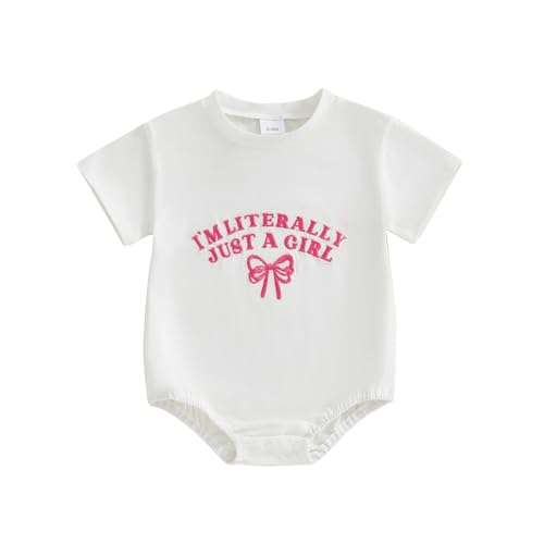 AHUGHAUE Newborn Baby Girl Outfit I'm Literally Just A Girl Bow Embroidery T Shirt Bubble Romper Infant Cute Summer Outfit (White, 0-3 Months)