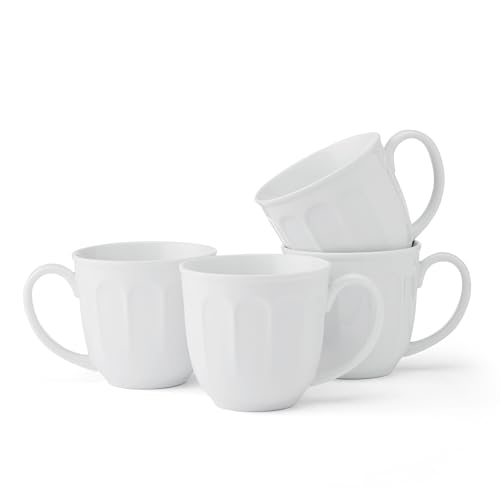 Fitz and Floyd Everyday Vintage Scalloped Set of 4 Porcelain Coffee Tea Mugs, 13 Ounce, White