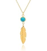 Dikixe Yellow Gold Plated Stainless Steel Pendant Necklace with Turquoise and Feather Shape, Adju...