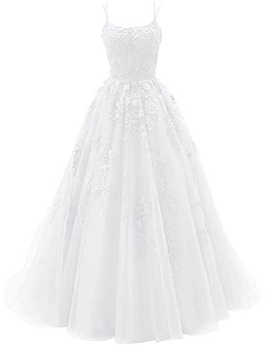 petyoo Tulle Prom Dresses Long Ball Gown Lace Appliques A-Line Formal Evening Dress