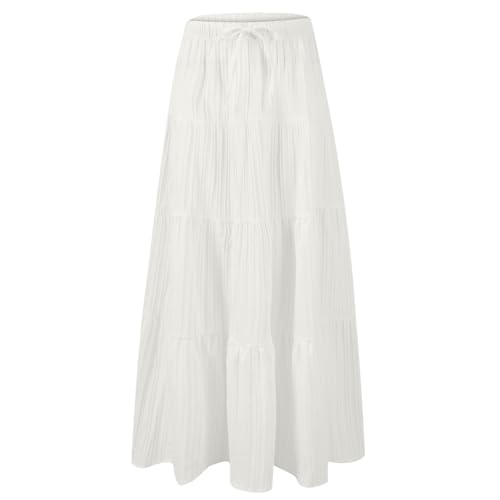 Maxi Skirts for Women Boho White Skirt Fashion Tiered Pleated A-line Long Dress Flowy Elastic Waist Drawstring Skirts4