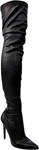 Liliana Gisele-50 BLACK Leather Stretchy Thigh High Pointy Stiletto Heel Boot (9)