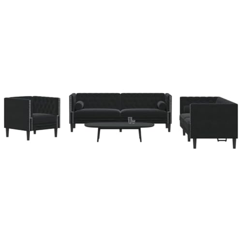 HETFTJN 3-TLG. Samt Chesterfield Sofa Schwarz 71/174/194×74,5×70,5 cm mit Nackenkissen für Wohnzimmer Büro