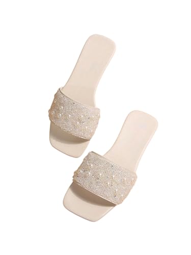 GORGLITTER Women's Pearls Rhinestone Flats Sequin Bling Square Open Toe Sparkly Slip On Slide Sandals
