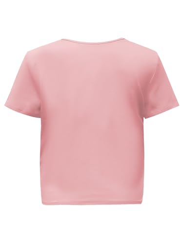 OYOANGLE Girl's Pearl Beaded Short Sleeve Round Neck Knot Hem Shirt Tops Casual Cute Tee Shirt2