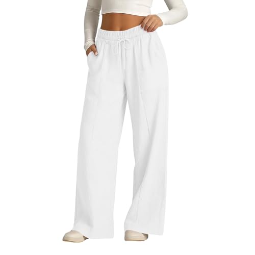 Image of Women's Sweatpants Straight Leg Drawstring Joggers Elastic Waist Tracksuit Bottoms with Pockets Casual Loose Fit Jogging Pants Plain Sports Trousers for Yoga Fitness Gym Lounge Wear White