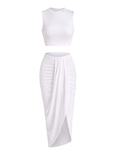 Image of ZAFUL Women's Casual Sleeveless Summer Two Piece Outfits Crop Top and Side Split Draped Ruched Maxi Skirt Set Solid Suiting