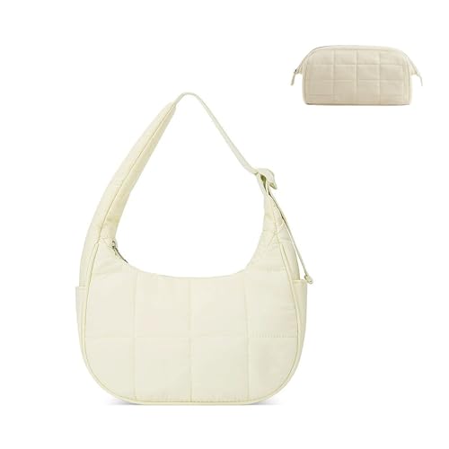 Image of Small Puffer Bag, Crescent Shoulder Bag for Women,Nylon Quilted Tote Handbags with Adjustable Strap (Beige+ Cosmetic Bag)
