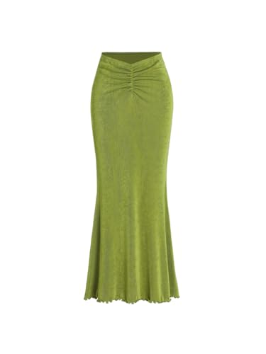 CIDER High Waist Skirts for Women - Solid Fishtail Ruched Bodycon Long Maxi Skirt Lettuce Trim Stretchy Dress Spring Fall: Green L