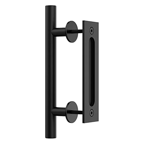 HomLxclx 12" Sliding Barn Door Handle Pull and Flush Hardware Set, Black Powder Coated Finish Round Shape, Heavy Duty Barn Door Handles-Fit 1 3/8-1 3/4" Thickness Door Panel, Easy to Install1 Cover