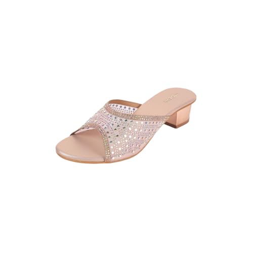Mochi Women Rose Gold Open Faux Leather Embellished Ethnic Slip-on Heel Sandal UK/3 EU/36 (35-1631)