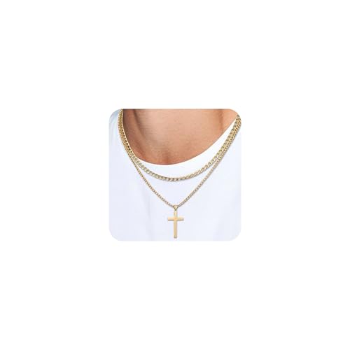 HSWYFCJY 2PCS Cross Necklace for Men Gold Layered Cross Chain Stainless Steel 45cm Cuban Chain And 50cm Round Box Chains with Cross Pendant length Multi Necklace Gifts for Men Women
