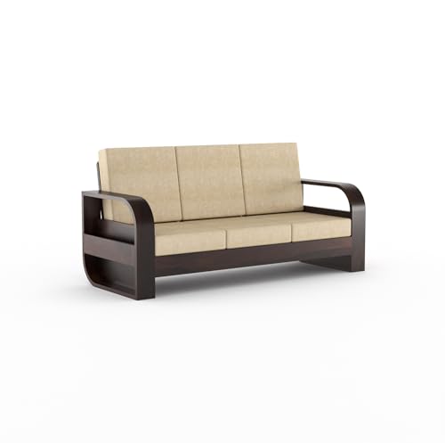 Image of Wooden 4 Seater Sofa Set with 40 Density Cushion for Living Room, Four Seater Sofa for Office & Lounge, 3+1 Seater Sofa Sets for Home, Sheesham Wood (Walnut,Cream)