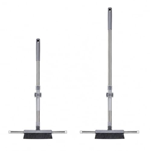 Image of Vasukie 2-in-1 Floor Scrub Brush, Adjustable Stainless Steel Long Handle, Broom for Floor Cleaning, Wet /Dry Multi-Surface Wiper for Bathroom, Glass, Pet Hair, and Concrete (Grey)