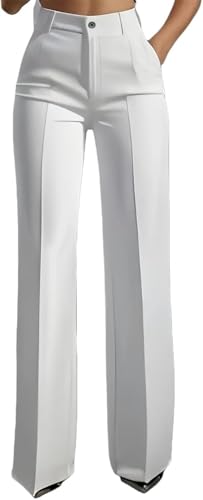 2026 - Pantalones de traje de cintura alta para mujer, de pierna recta, pantalones de vestir de primavera de cintura alta para negocios, casual, trabajo, pantalones de vestir, blanco, L