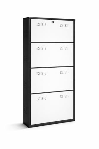 Image of 4 Door Wall Mounted Metal Shoe Rack with Lock | Black & White Dual Tone Foldable Shoe Cabinet | Space Saving Shoe Organizer | Ventilated Steel Shoe Stand Holds 16-24 Pairs