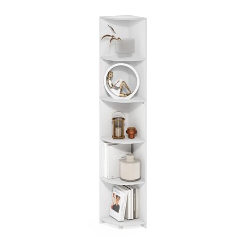 Image of Furinno ECON Corner Shelf, 5-Tier Corner Book Shelf, Storage Shelves, Display Rack, Bookshelf, for Organization and Storage, Living Room, Home Office, White