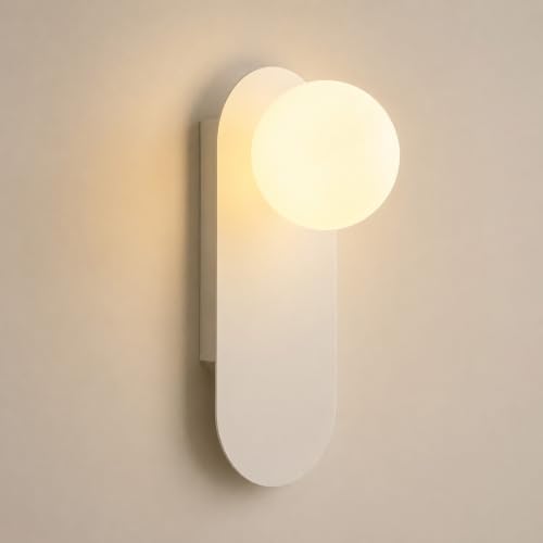 Image of Glass Globe Wall Sconce,White,Suit for Bedroom and Hallway | Ambient Lighting,Milk Glass Sphere Lampshade,Mid Century Modern Style,Hardwired Design,for Stairway and Corridor