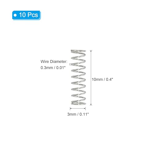 PATIKIL Compression Spring, 0.3mm Wire Dia x 3mm OD x 10mm L, 10 Pcs 304 Stainless Steel Mechanical Extension Small Springs Pen Springs Assortment Kit for Shop and Home Repairs