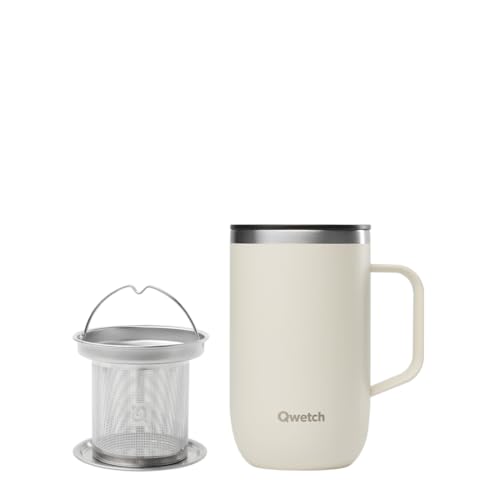 QWETCH – Taza isotérmica de acero inoxidable reciclada con asa y filtro infusor de arena – Tisana isotérmica 470 ml – Termo café y té – 6h caliente y 12h frío – Tapón deslizante antisalpicaduras
