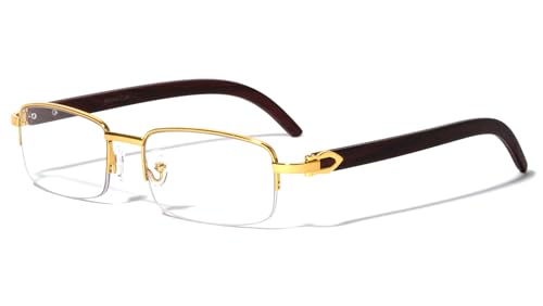 Dweebzilla Debonair Slim Rim Rectangular Metal & Faux Wood Buffs Clear Lens Sunglasses - Semi Rimless Eyeglasses Frames