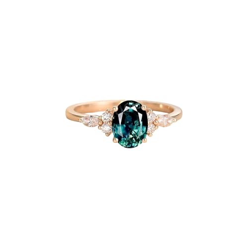 Vintage Oval Teal Sapphire Engagement Ring,Cluster Moissanite/Diamond Bridal Jewelry Blue-Green Sapphire Wedding Ring,Promise Gift For Women - Main Image