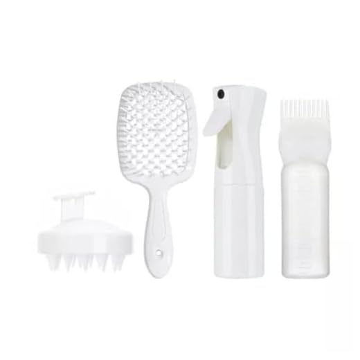 Kit Capilar com Escova Desembaraço, Pente Aplicador Óleo e Tintura, Borrifador e Massageador Limpeza a Seco - 4 Pçs (Branco)