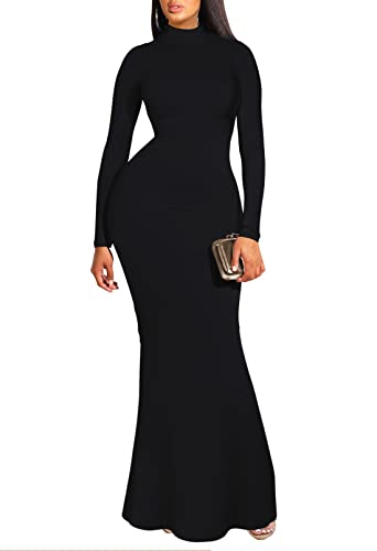 Meenew Damen elegante langarm rollkragen bodycon cocktail-lang maxi kleid Schwarz Small Cover