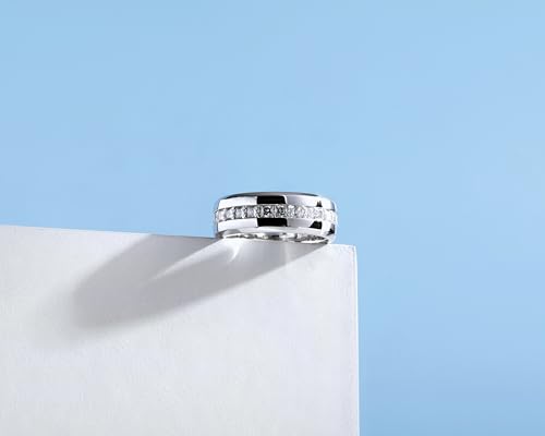 4.35cttw Moissanite Wedding Band Eternity Rings Princess Cut Men Moissanite Ring D Color VVS1 Moissanite Channel Set, Sterling Silver with 18K White Gold Plated Promise Ring for Him4