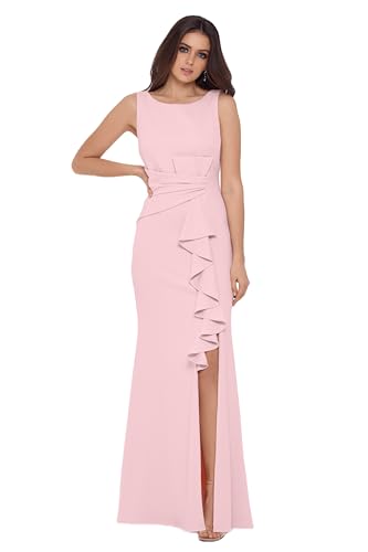 Image of Betsy & Adam Women's Long Bodycon Sleeveless Boat Neck Evening Gown with Side Slit Ruffle